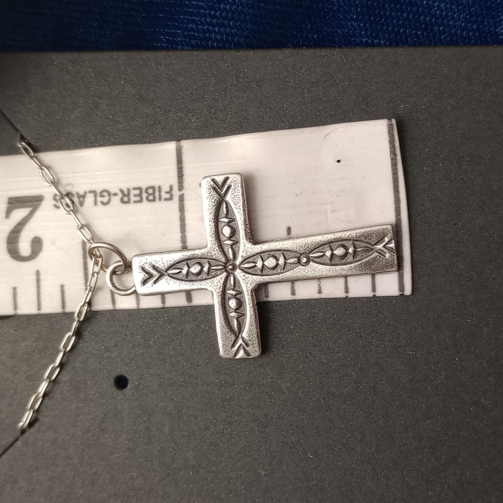 Sterling Silver Stamped Cross Pendant Necklace Signed - Picture 5 of 10